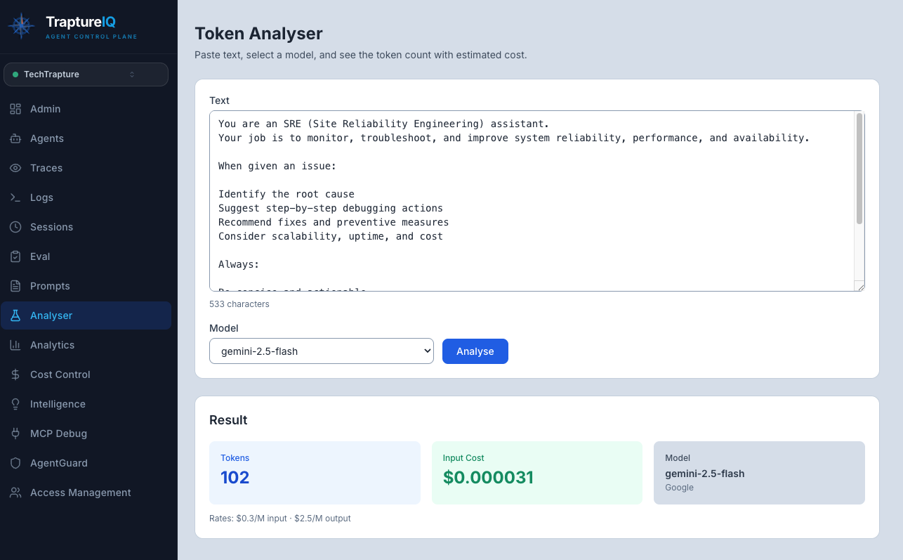 Analyser results showing token counts and costs — Replace with actual screenshot